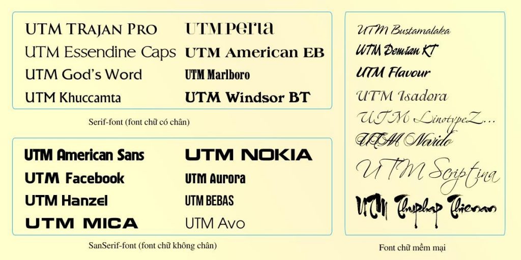 Font UTM và UVN Tiếng Việt là một hệ thống phông chữ độc đáo và đáng tin cậy cho ngôn ngữ Việt. Có sẵn đầy đủ các ký tự cần thiết cho mọi ngữ cảnh và ứng dụng, font UTM và UVN Tiếng Việt cung cấp cho người dùng khả năng tạo ra các thiết kế đẹp mắt và hiệu quả. Nhấp vào ảnh liên quan để khám phá sự đa dạng của font UTM và UVN Tiếng Việt và cùng khám phá những ứng dụng đa dạng mà nó có thể mang lại!